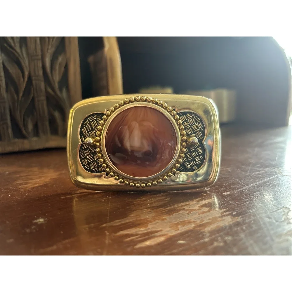 Vintage Western Belt Buckle - Agate Stone - Heavy Gold Tone Metal